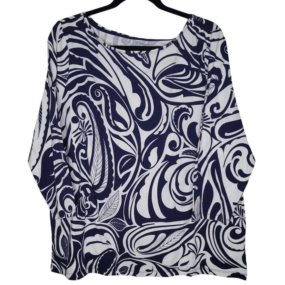 Talbots Plus 2X Paisley Knit Top 95% Cotton 5% Spandex White Navy Blue